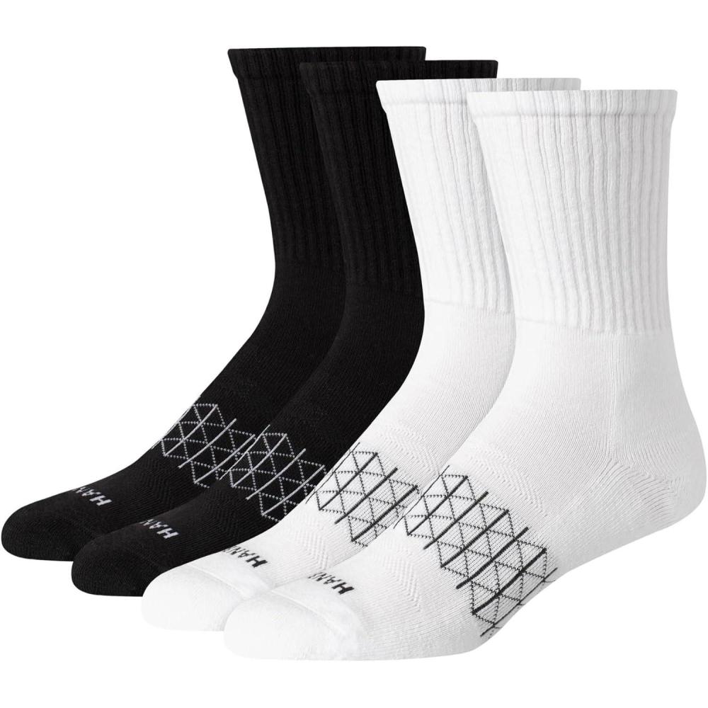 imageHanes Mens Socks Absolute Comfort Cushioned Moisturewicking Seamless Toe 4 Pack Ankle Crew and Heel Shield SocksWhite  Black  Crew