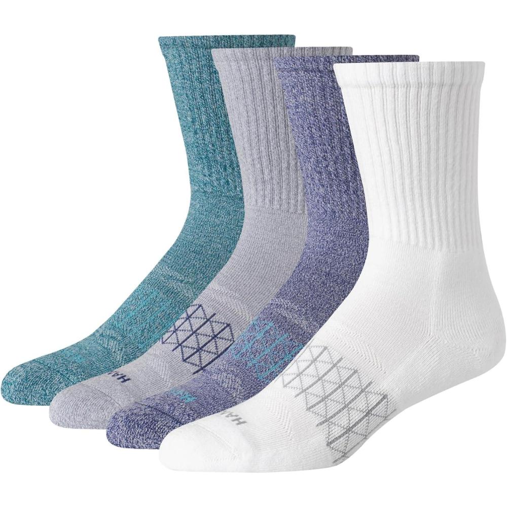 imageHanes Mens Socks Absolute Comfort Cushioned Moisturewicking Seamless Toe 4 Pack Ankle Crew and Heel Shield SocksWhiteBlue Crew