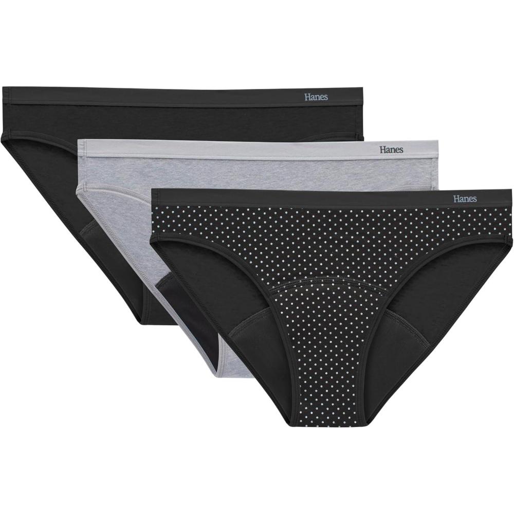 imageHanes Womens Comfort Period Underwear Bikini Period Underwear Super Leaks Period Underwear 3pack3pack Bikinis BlackDot PrintConcrete Heather