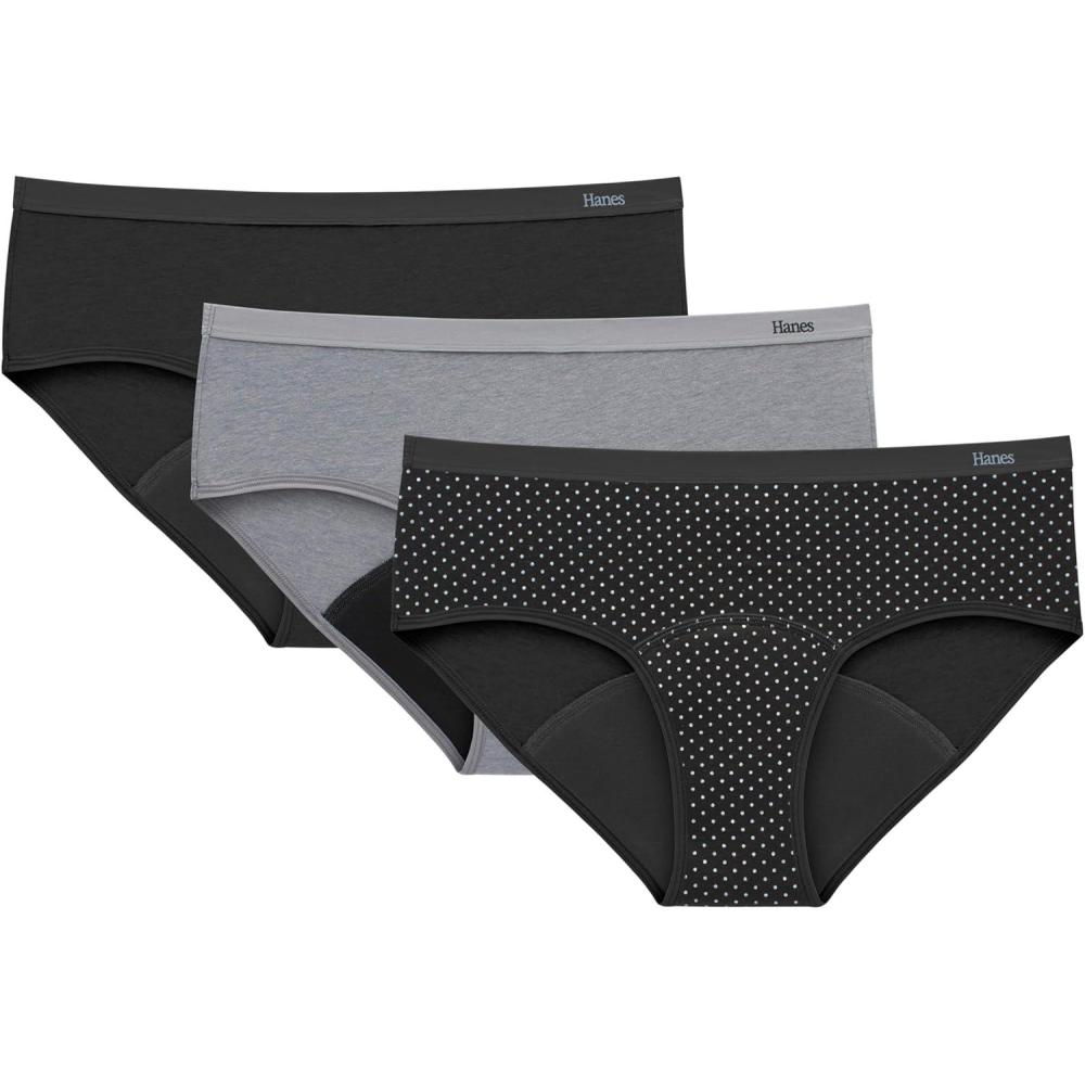 imageHanes Womens Comfort Period Underwear Bikini Period Underwear Super Leaks Period Underwear 3pack3pack Hipsters  BlackDot PrintConcrete Heather