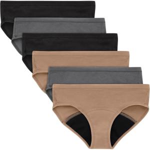 Hanes Girls’ Period Underwear Boxer Briefs, Comfort Period Boxer Brief Panties for Girls, Moderate Protection(Hipster – Black/Grey/Tan – 6 Pack)