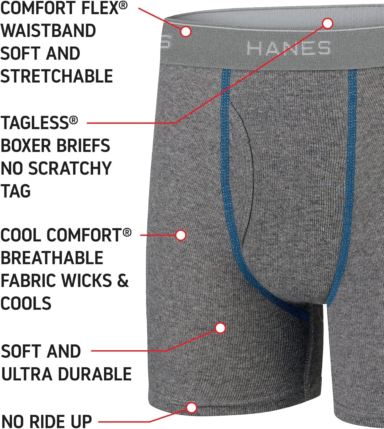 image:imageHanes Boys Boxer Briefs MoistureWicking Underwear for Boys amp Toddlers Assorted 10 or 12 PackGreyBlueBlackRed
