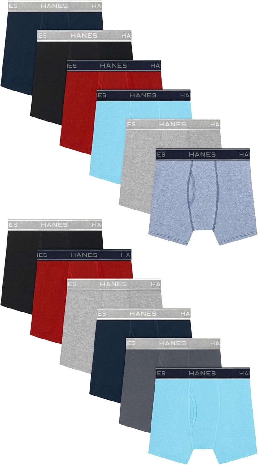 image:imageHanes Boys Boxer Briefs MoistureWicking Underwear for Boys amp Toddlers Assorted 10 or 12 PackRed Black Blue Grey