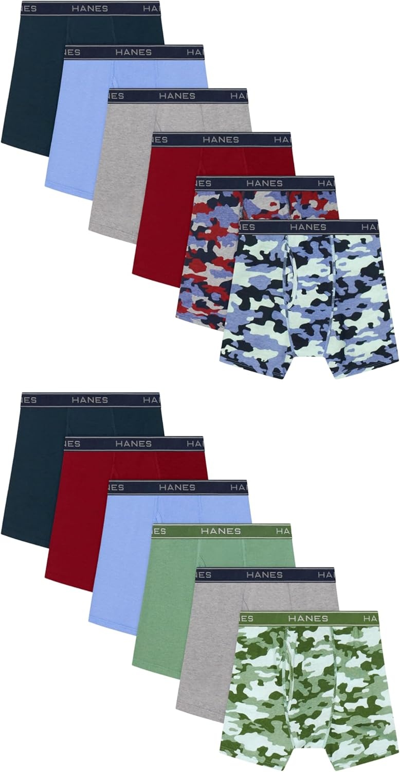 image:imageHanes Boys Boxer Briefs MoistureWicking Underwear for Boys amp Toddlers Assorted 10 or 12 PackRed Blue Sage Camo