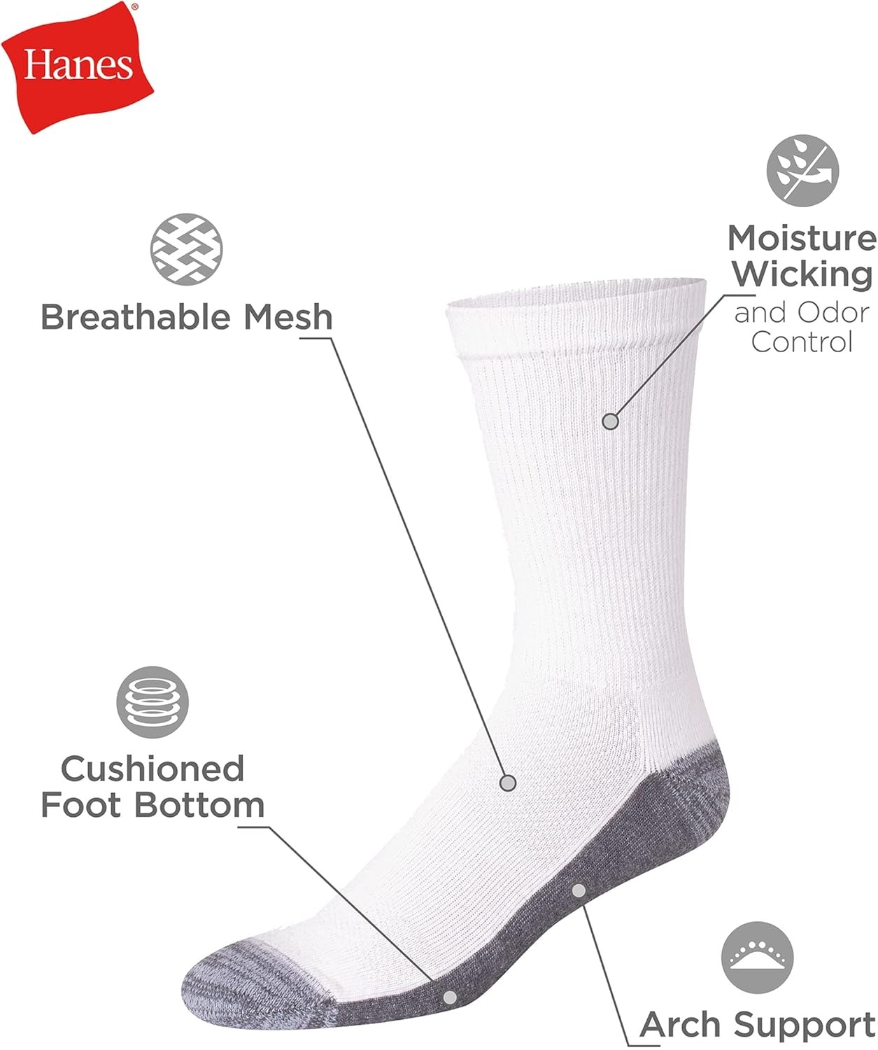image:imageHanes Mens Socks XTemp Cushioned Low Cut Socks 12PackWhite Crew 12 Pair